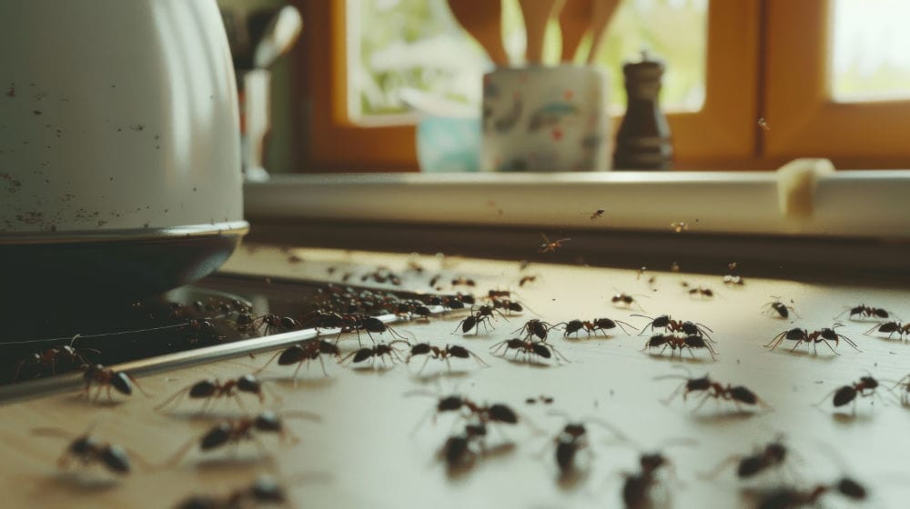 Groupe de fourmis envahissant un plan de travail en cuisine, illustrant une infestation typique traitée par NuisiGest.